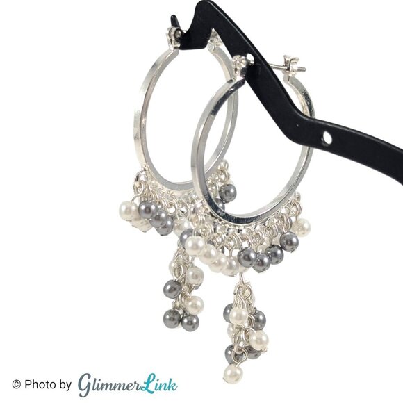 Faux Pearl Chandelier Silver Tone Dangle Lever Back Pierced Hoop Earrings - Picture 6 of 10